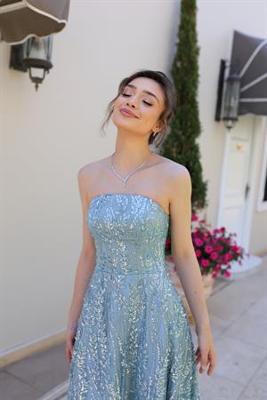 Miranda Prenses Yeşil Çiçekli Özel Tasarım Dantel Abiye Elbise