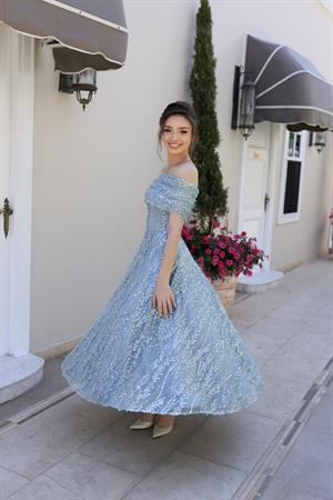 Miranda Prenses Yeşil Çiçekli Özel Tasarım Dantel Abiye Elbise