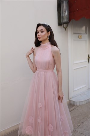 Rose Pudra Pembe Özel Tasarım Tül Abiye