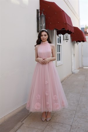 Rose Pudra Pembe Özel Tasarım Tül Abiye