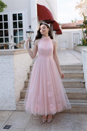 Rose Pudra Pembe Özel Tasarım Tül Abiye