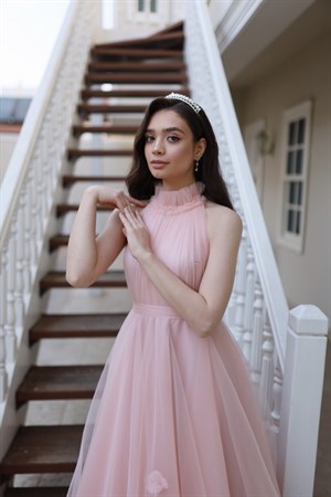 Rose Pudra Pembe Özel Tasarım Tül Abiye
