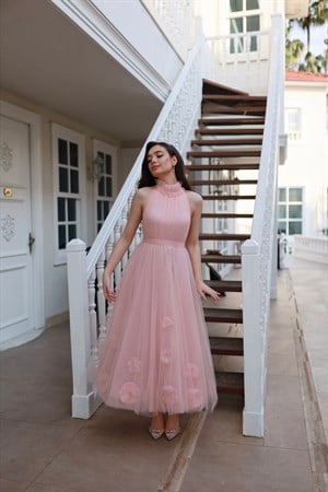 Rose Pudra Pembe Özel Tasarım Tül Abiye