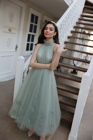 Rose Su Yeşili Özel Tasarım Tül Abiye