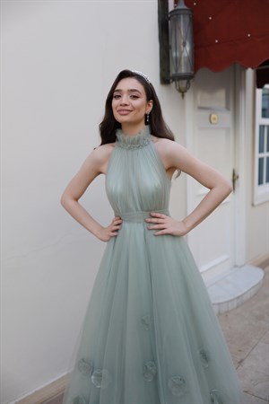 Rose Su Yeşili Özel Tasarım Tül Abiye