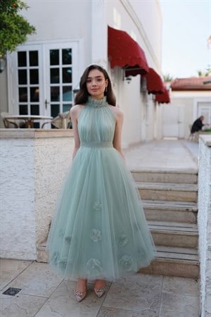Rose Su Yeşili Özel Tasarım Tül Abiye