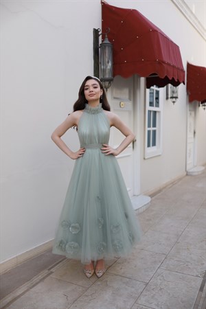 Rose Su Yeşili Özel Tasarım Tül Abiye