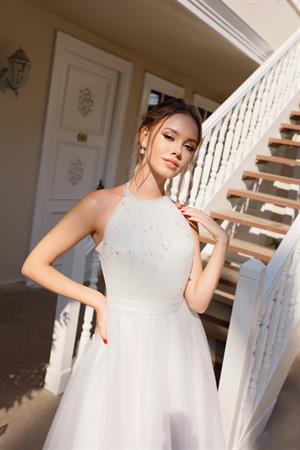 Santa Beyaz İncili Özel Tasarım Nikah Nişan Söz Elbisesi