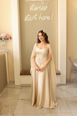 Serena Bej Kloş Şifon Şal Korseli Uzun Saten Nişan Davet Elbisesi