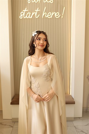 Serena Bej Kloş Şifon Şal Korseli Uzun Saten Nişan Davet Elbisesi