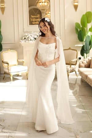 Serena Beyaz Balık Şifon Şal Korseli Uzun Saten Nişan Davet Elbisesi