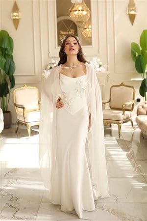 Serena Beyaz Balık Şifon Şal Korseli Uzun Saten Nişan Davet Elbisesi