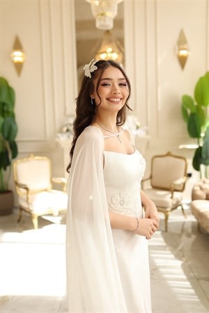 Serena Beyaz Balık Şifon Şal Korseli Uzun Saten Nişan Davet Elbisesi