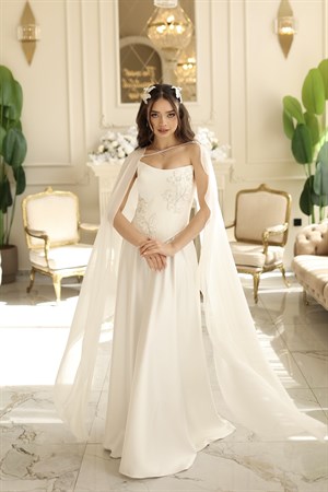 Serena Beyaz Kloş Şifon Şal Korseli Uzun Saten Nişan Davet Elbisesi