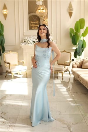 Serena Mavi Balık Saten Şal Korseli Uzun Saten Nişan Davet Elbisesi