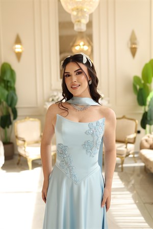Serena Mavi Saten Şal Kloş Korseli Uzun Saten Nişan Davet Elbisesi