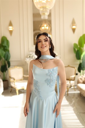 Serena Mavi Saten Şal Kloş Korseli Uzun Saten Nişan Davet Elbisesi