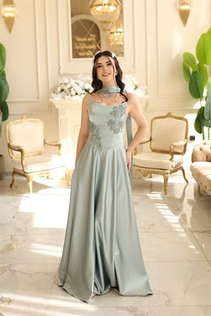 Serena Yeşil Kloş Saten Şal Korseli Uzun Saten Nişan Davet Elbisesi