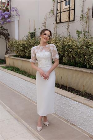 Sienna Kalem Beyaz Özel Tasarım Dantel Detaylı Nikah Nişan Söz Elbisesi