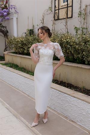 Sienna Kalem Beyaz Özel Tasarım Dantel Detaylı Nikah Nişan Söz Elbisesi