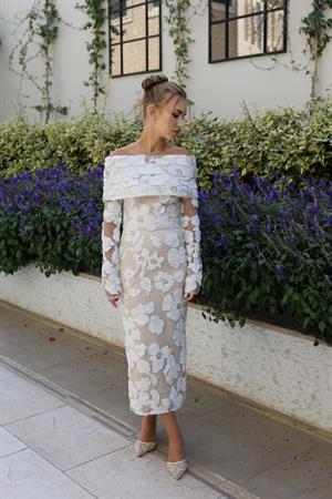 Sindirella Kalem Beyaz Bej Dantel Bolero Çiçekli Özel Tasarım Dantel Abiye Elbise