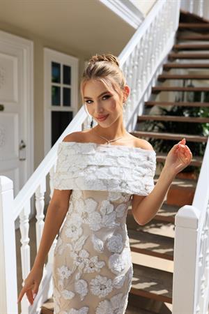 Sindirella Kalem Beyaz Bej Dantel Bolero Çiçekli Özel Tasarım Dantel Abiye Elbise