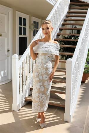 Sindirella Kalem Beyaz Bej Dantel Bolero Çiçekli Özel Tasarım Dantel Abiye Elbise