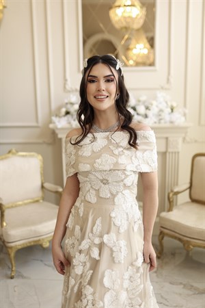Sindirella Prenses Beyaz Maxi Saten Bolero Çiçekli Özel Tasarım Dantel Abiye Elbise