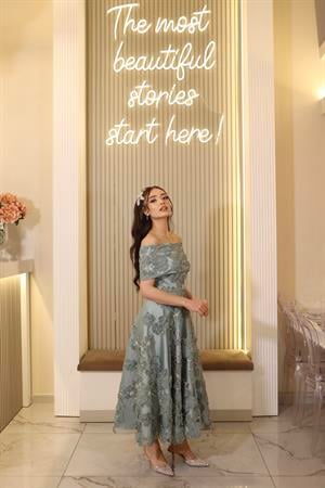 Sindirella Prenses Koyu Yeşil  Çiçekli Özel Tasarım Dantel Nişan Nikah Elbise
