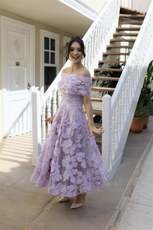 Sindirella Prenses Lila Dantel Bolero Çiçekli Özel Tasarım Dantel Abiye Elbise