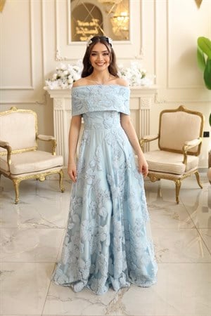 TheElsa | Sindirella Prenses Mavi Maxi RENKLİ DANTEL ELBİSELERSindirella Prenses Mavi Maxi Saten Bolero Çiçekli Özel Tasarım Dantel Abiye Elbise