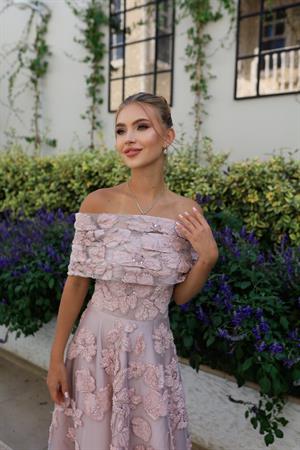 Sindirella Prenses Pudra Pembe Dantel Bolero Çiçekli Özel Tasarım Dantel Abiye Elbise