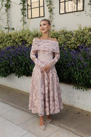 Sindirella Prenses Pudra Pembe Dantel Bolero Çiçekli Özel Tasarım Dantel Abiye Elbise