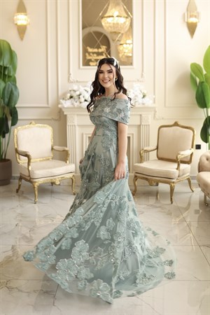 Sindirella Prenses Yeşil Maxi Saten Bolero Çiçekli Özel Tasarım Dantel Abiye Elbise