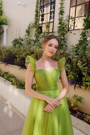 Sofia Yağ Yeşili Özel Tasarım Abiye Tül Elbise