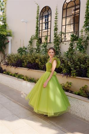 Sofia Yağ Yeşili Özel Tasarım Abiye Tül Elbise