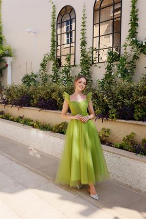 Sofia Yağ Yeşili Özel Tasarım Abiye Tül Elbise