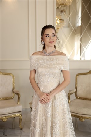 Sorella Bej Beyaz Prenses Dantel Nikah Nişan Söz Elbisesi