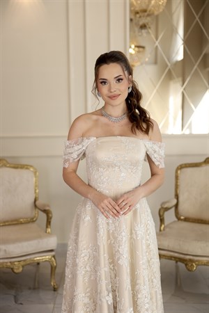 Sorella Bej Beyaz Prenses Dantel Nikah Nişan Söz Elbisesi