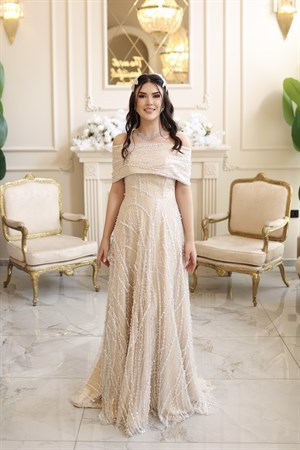 Tiara Beyaz Bej Prenses İncili Maxi Elbise