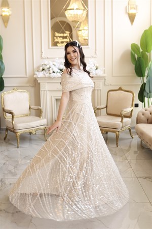 Tiara Beyaz Bej Prenses İncili Maxi Elbise