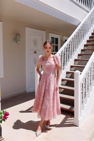 Vasilisa Pudra Pembe Dantel Özel Tasarım Abiye Elbise
