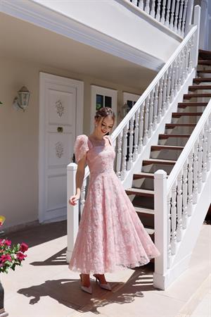 Vasilisa Pudra Pembe Dantel Özel Tasarım Abiye Elbise