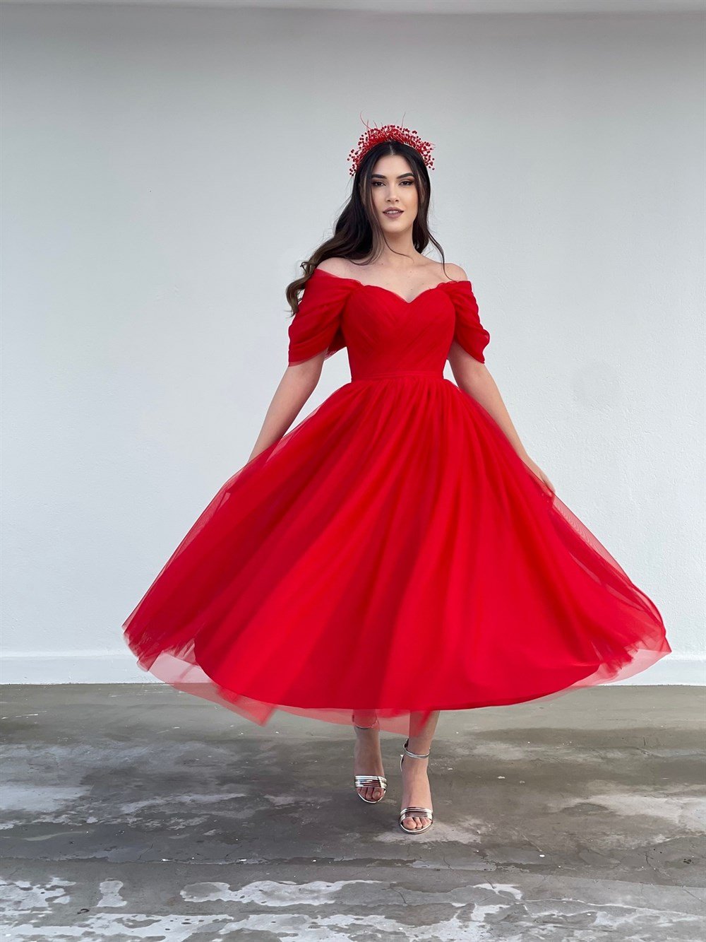 TheElsa | GİYİM | TAKI | Aden Kırmızı Özel Tasarım Abiye Tül Elbise, Kına  Elbisesi