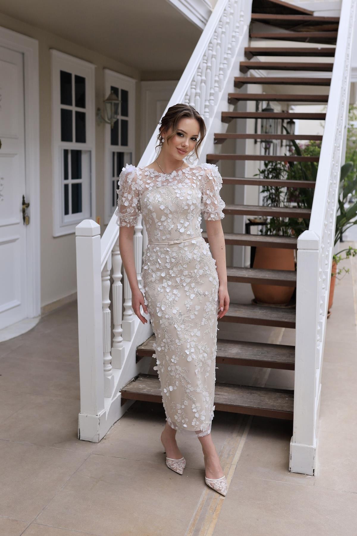 Anastasia Beige White Lace Balloon Sleeve Pencil Special Design Engagement Evening Dress