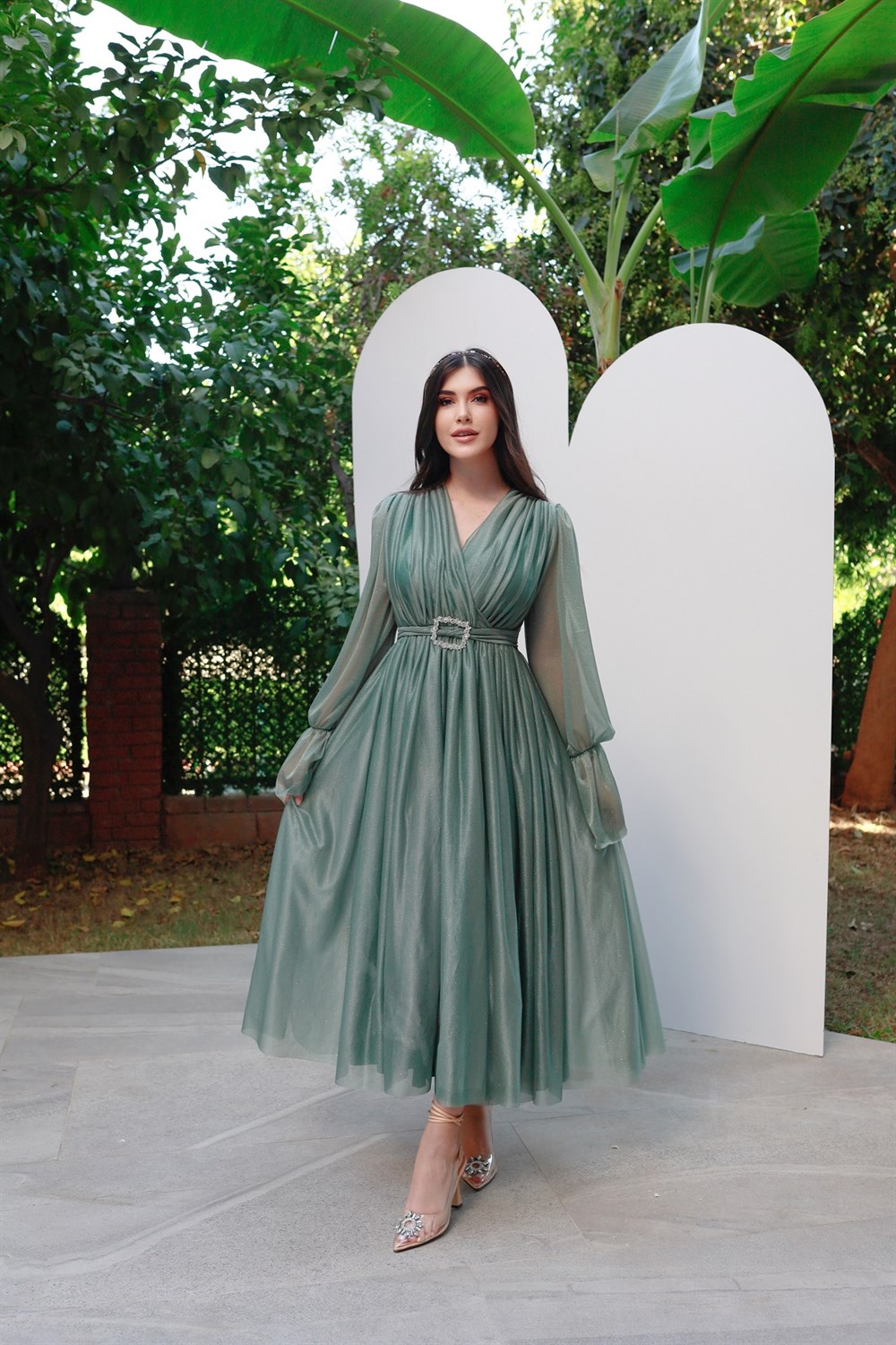TheElsa | Kişiye Özel Üretim Abiye Elbiseler | Bolivya Yeşil Özel Tasarım  Abiye Drapeli Tül Elbise