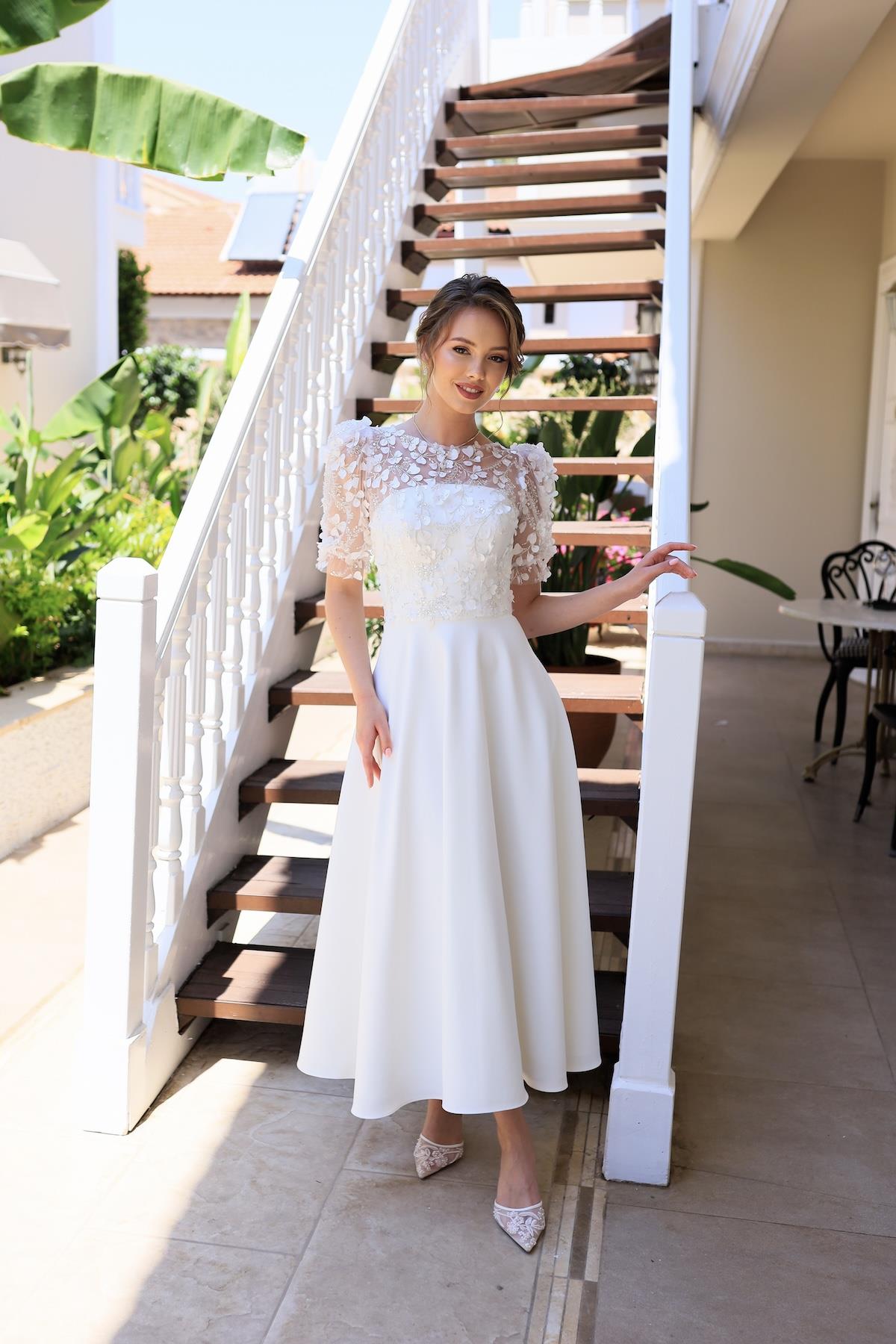 Elena Prenses Beyaz Özel Tasarım Dantel Detaylı Nikah Nişan Elbisesi