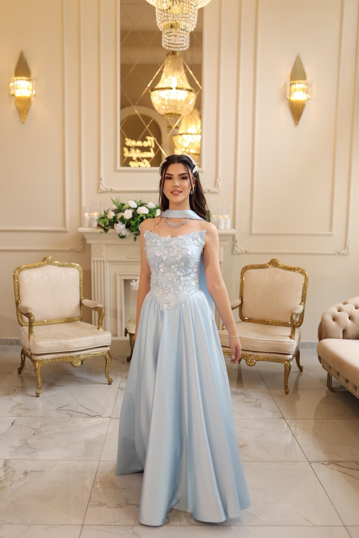 TheElsa | HERA MAVİSADE ELBİSELERHera Mavi Korseli Uzun Saten Nişan Davet Elbisesi