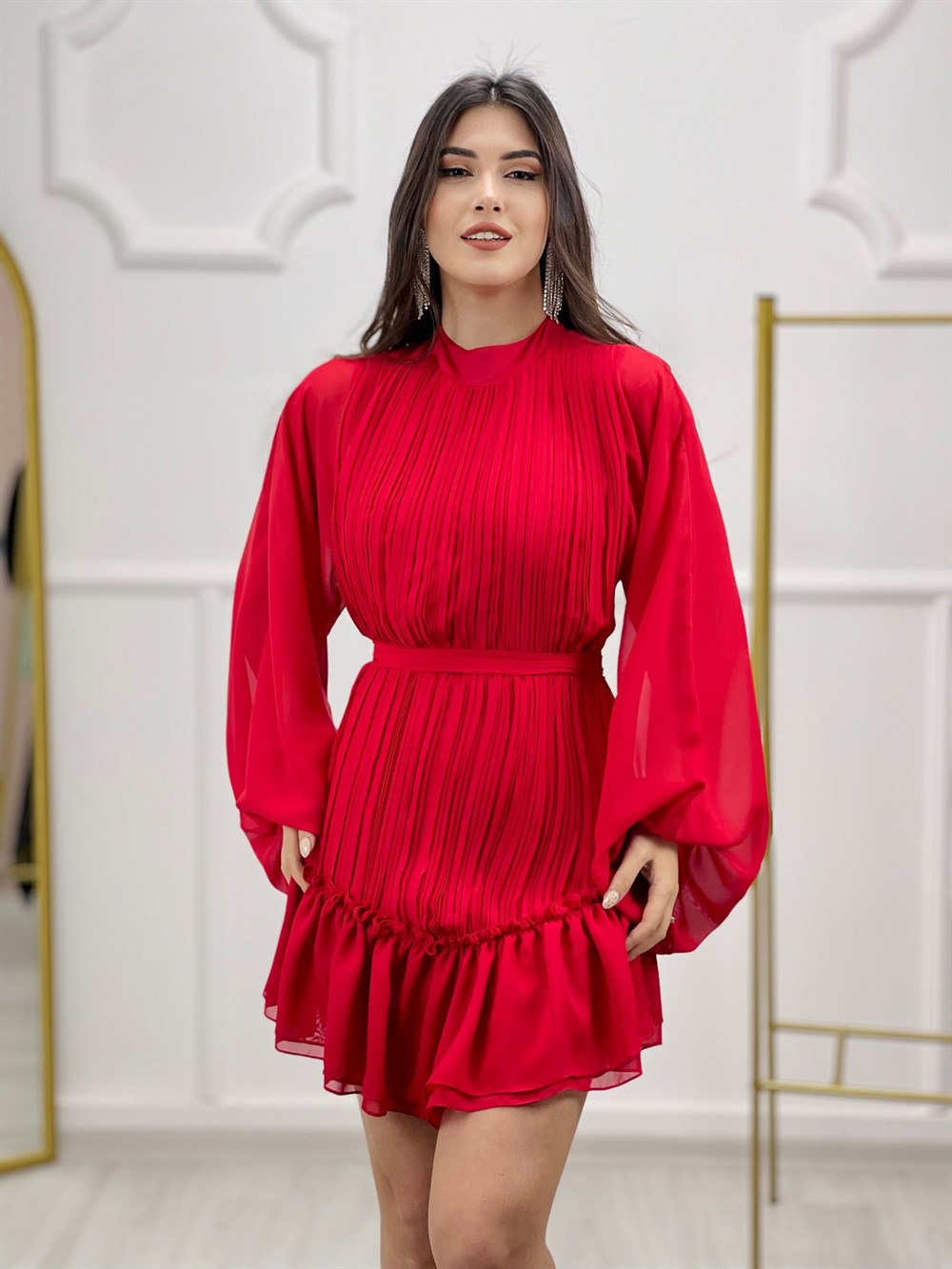 TheElsa | GİYİM | TAKI | Kırmızı Pileli Şifon Elbise