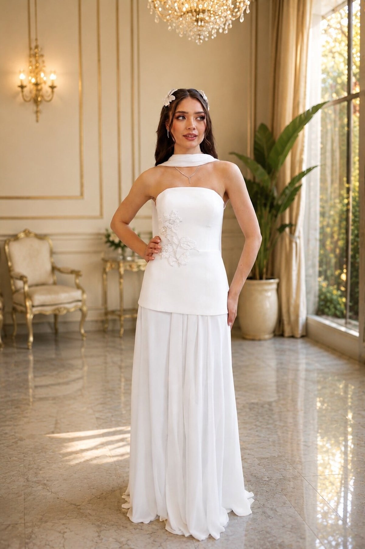 TheElsa | Lidya Dantel Beyaz Şifon SADE ELBİSELERLidya Dantel Beyaz Şifon Tasarım Nikah Nişan Söz Elbisesi